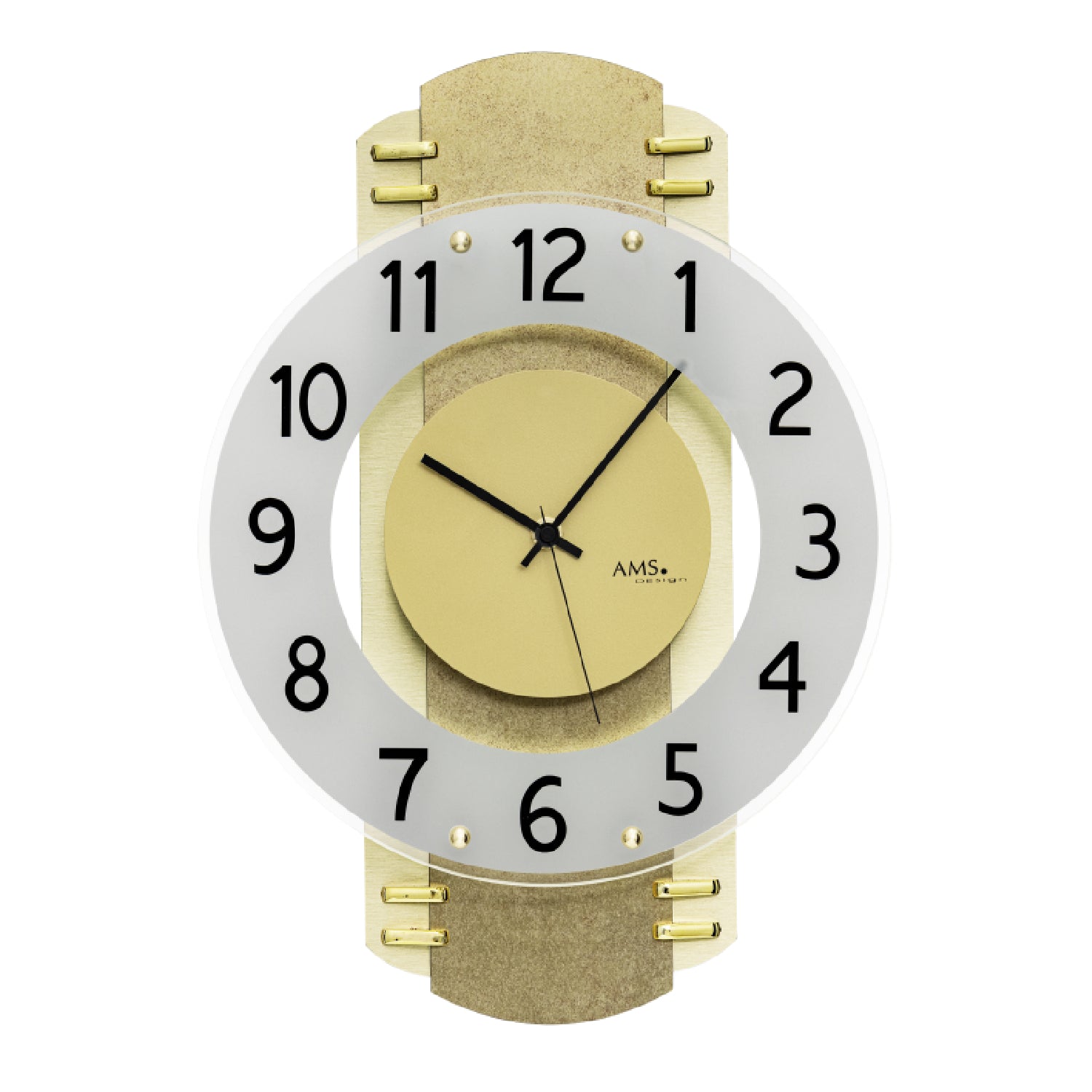 Funk-Wanduhr mit rundem Zifferblatt, Messingoptik und goldenen Markern