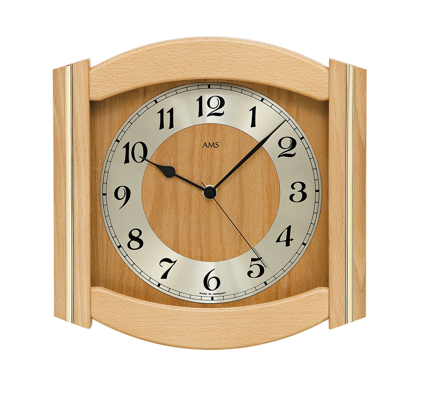 Wanduhr mit Holzgehäuse und rundem Zifferblatt, römischen Zahlen, AMS-Anzeige
