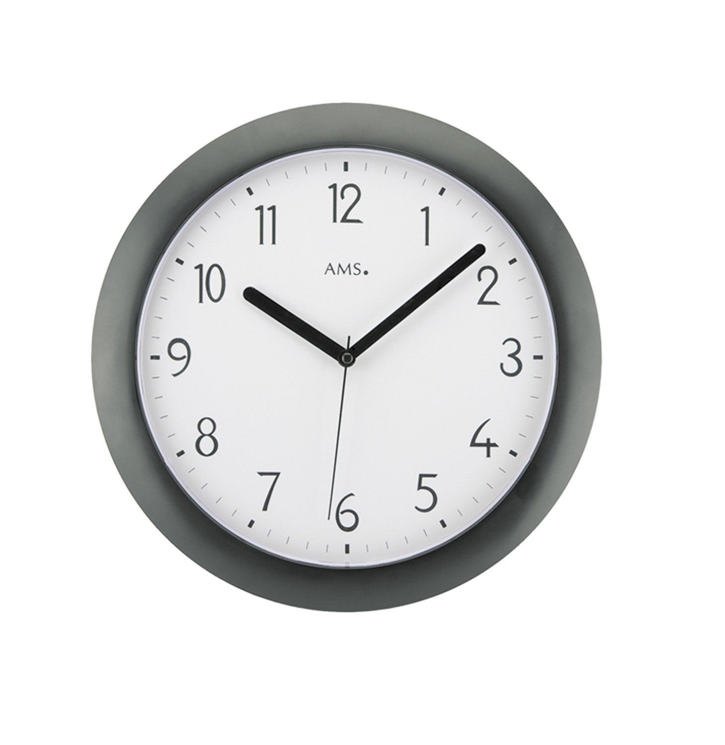 Funk-Wanduhr mit schwarzem Kunststoffgehäuse und weißem Zifferblatt, AMS-Aufdruck