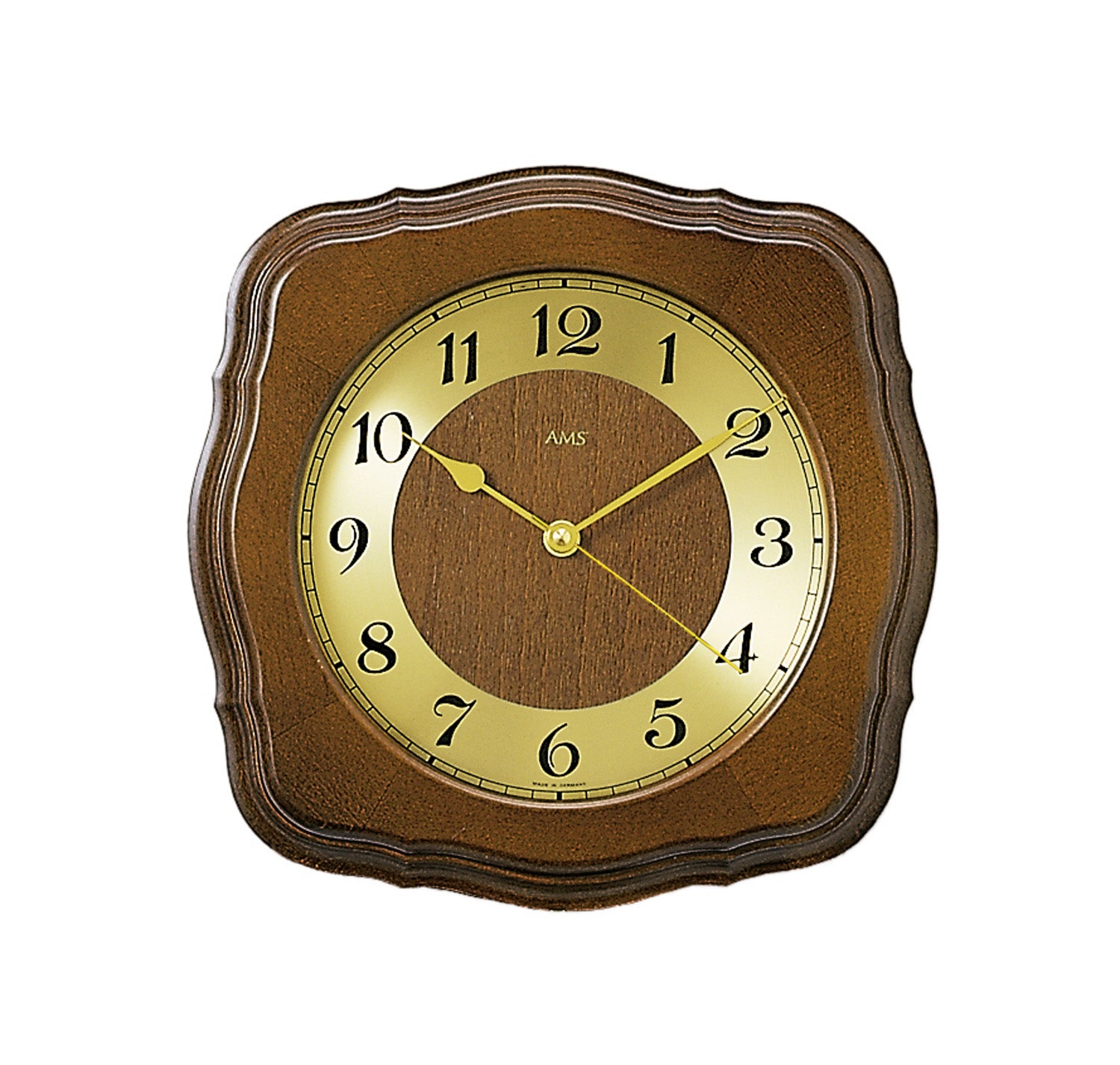 Wanduhr mit Nussbaum-Holzgehäuse und rundem Ziffernblatt hinter Glasfront