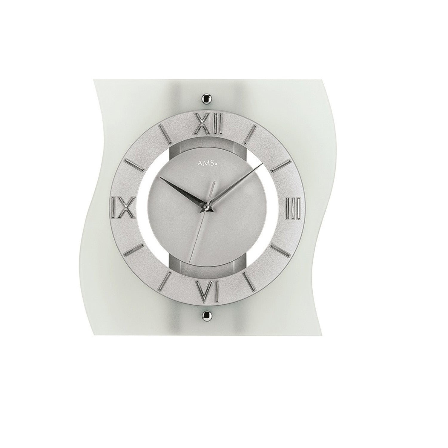 Wanduhr mit silbernem Ziffernring und römischen Zahlen, grauem Zifferblatt