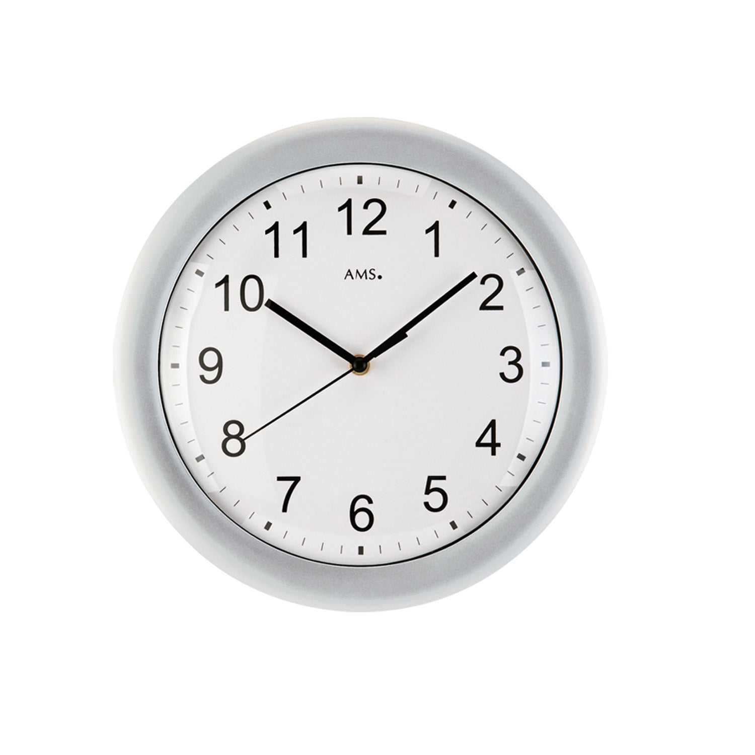 Funk-Wanduhr mit silbernem Rahmen und weißem Zifferblatt, schwarze Zeiger
