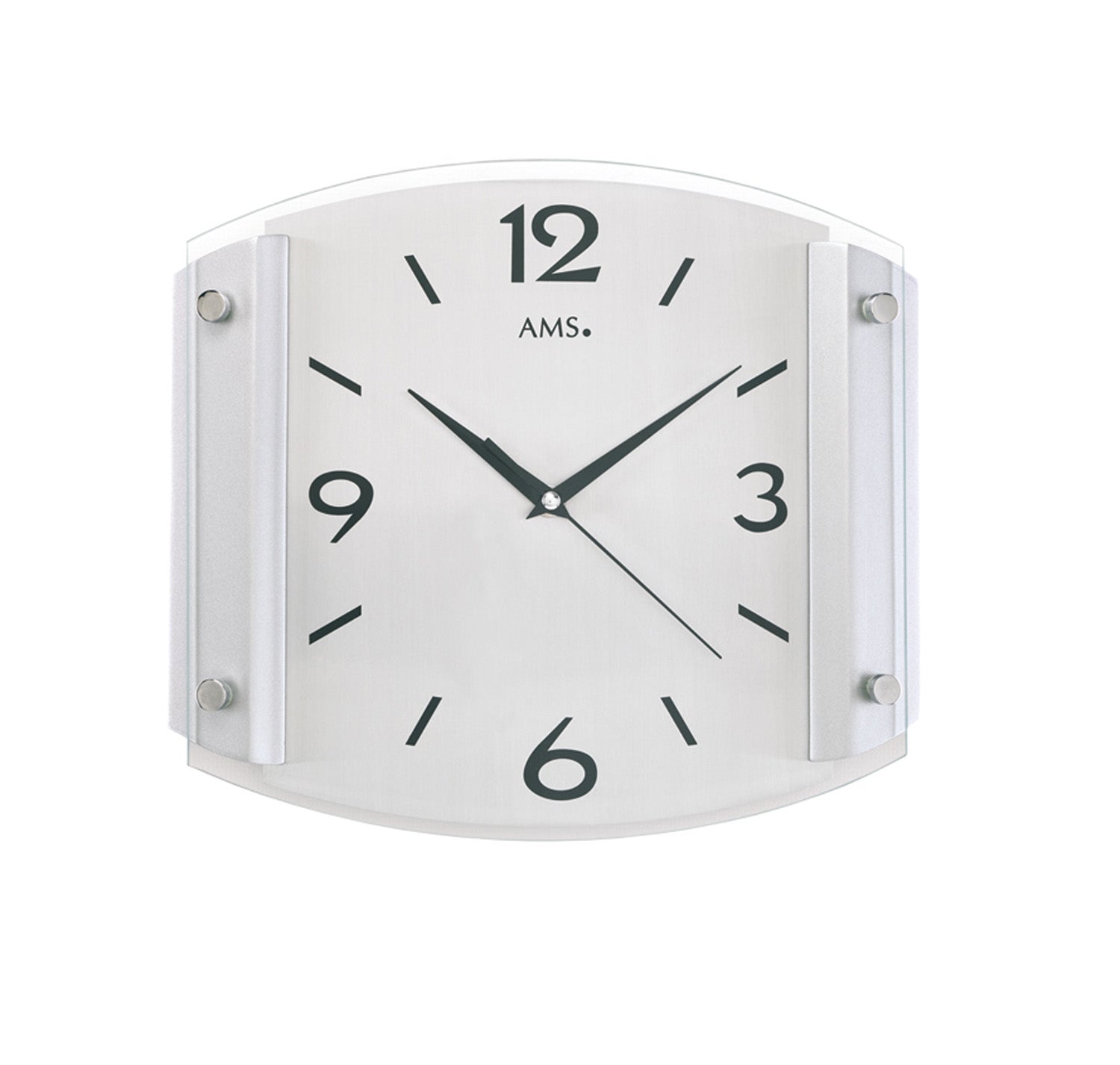 Runde Wanduhr mit silbernem Rahmen, weißem Zifferblatt, schwarzen Zahlen und Zeigern