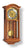 Wanduhr mit Holzgehäuse, Glasfront und rundem goldenen Zifferblatt.