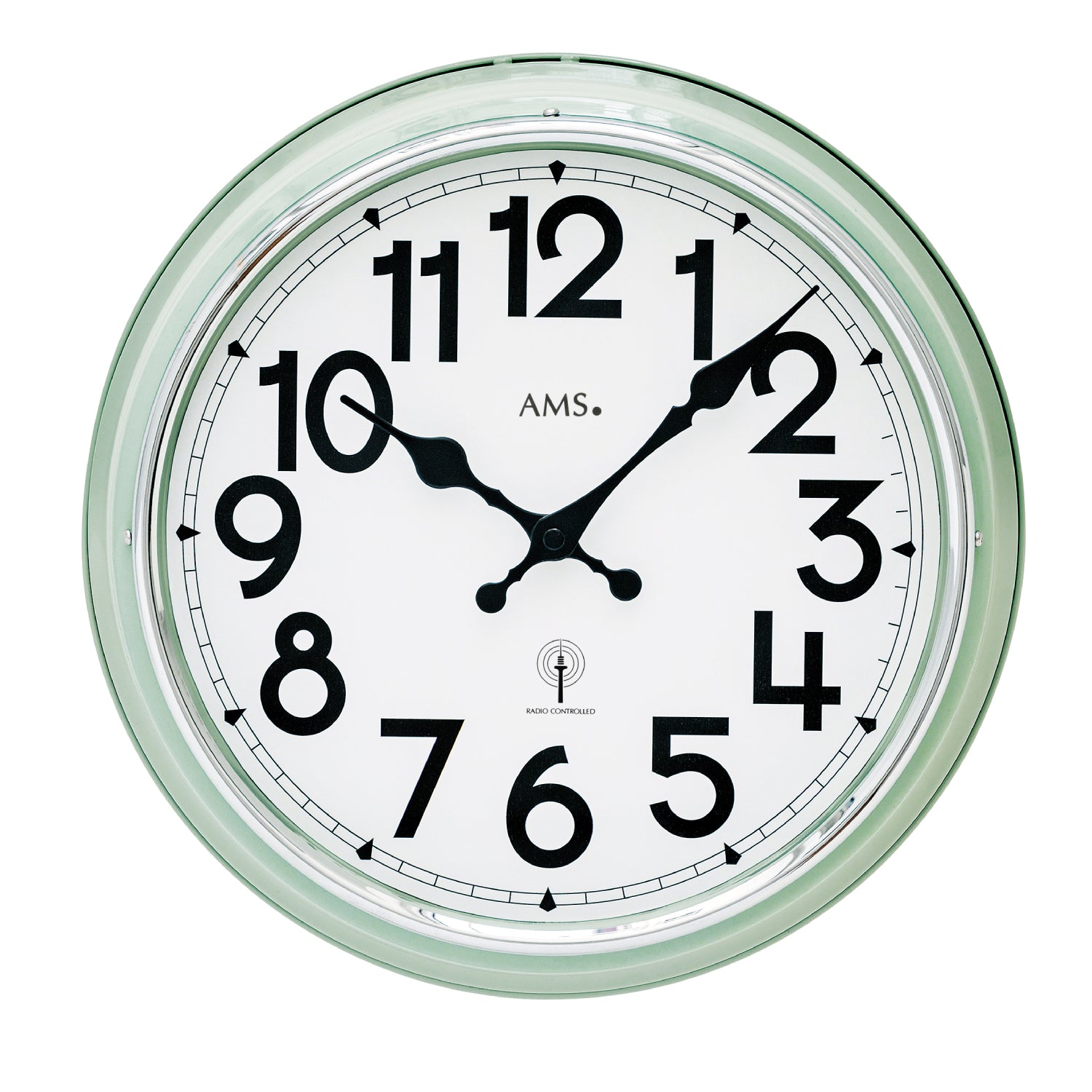 Runde Wanduhr mit mintfarbenem Rahmen, silberner Lünette, schwarzen Zeigern