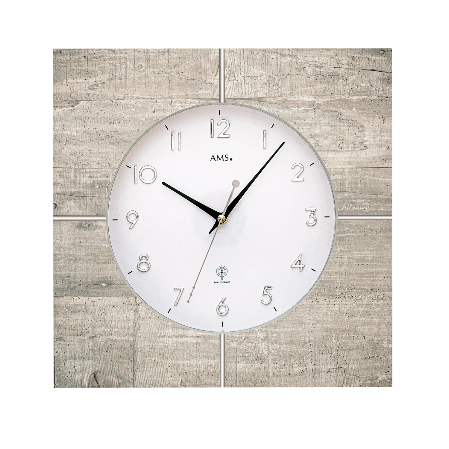 Runde Wanduhr mit Betonstruktur, weißem Zifferblatt und schwarzen Zeigern, AMS
