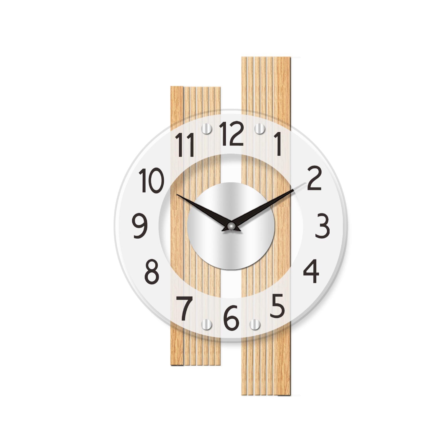 Wanduhr mit rundem Zifferblatt, Holzrahmen und satiniertem Glas