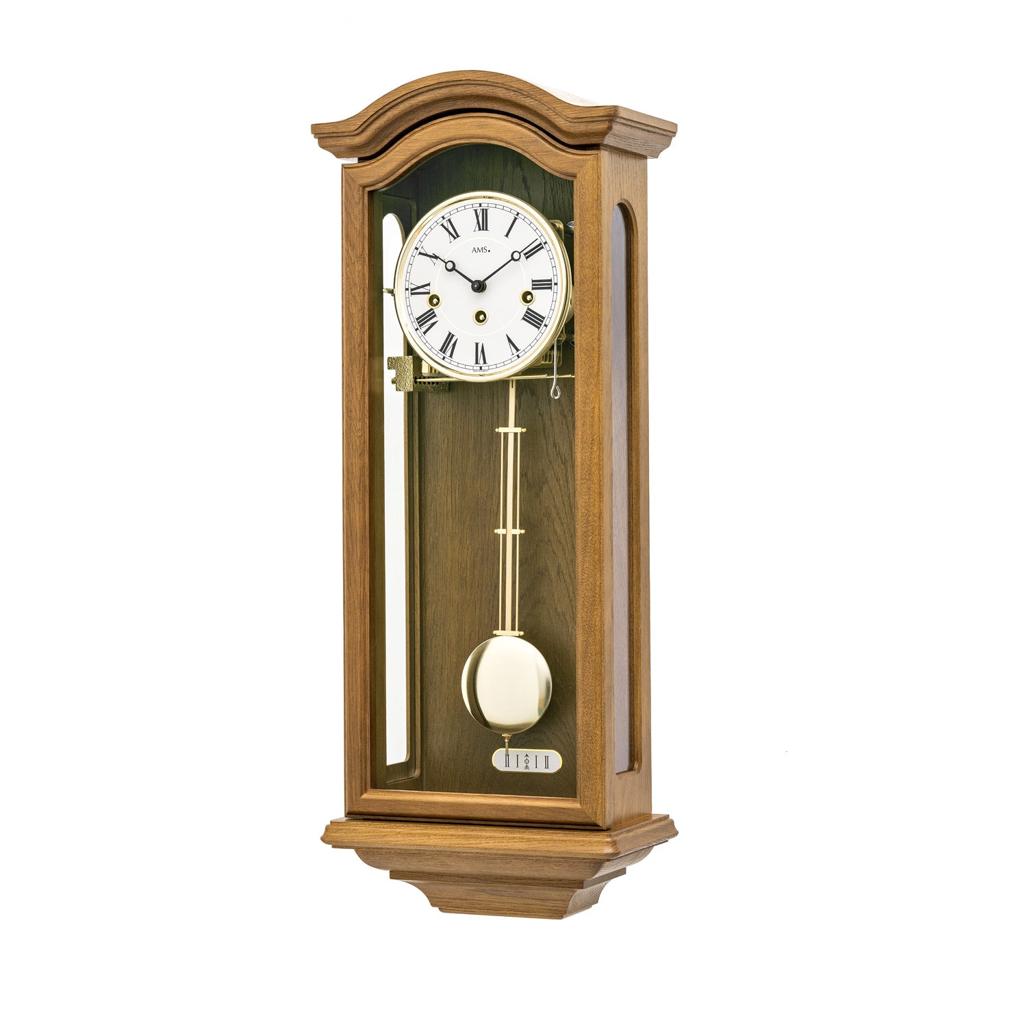Wanduhr mit Eichenholzgehäuse, rundem Zifferblatt und Pendel, Westminster-Schlagwerk