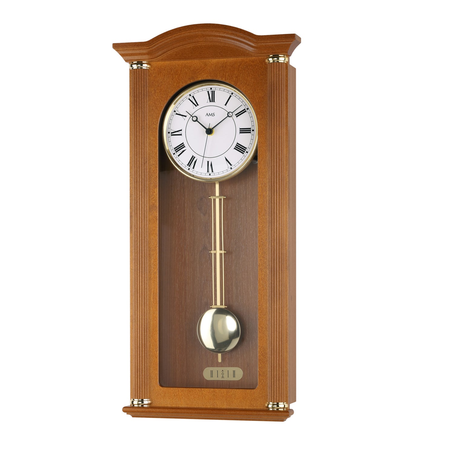 AMS Wanduhr mit Holzgehäuse, rundem Zifferblatt und sichtbarem Pendel