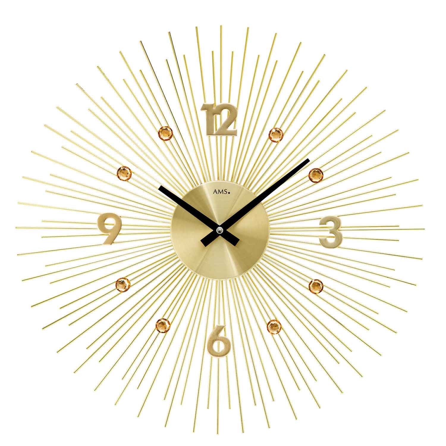 Goldene Wanduhr mit Metallgehäuse, runder Ziffernfläche und Strahlen-Design, Quarzwerk