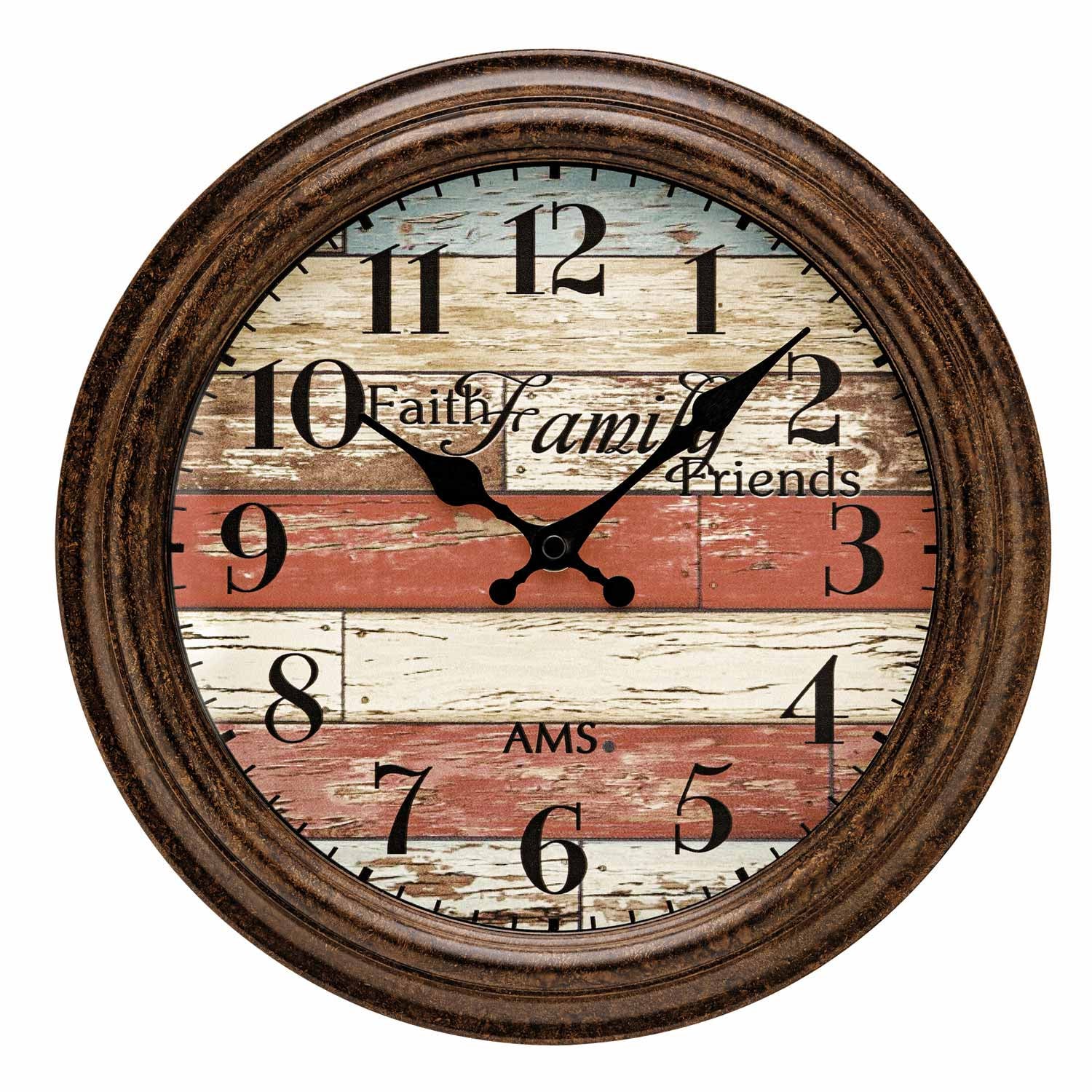 Runde Wanduhr mit antik-braunem Rahmen, römischen Ziffern, schwarzem Uhrzeigerwerk, Glas.