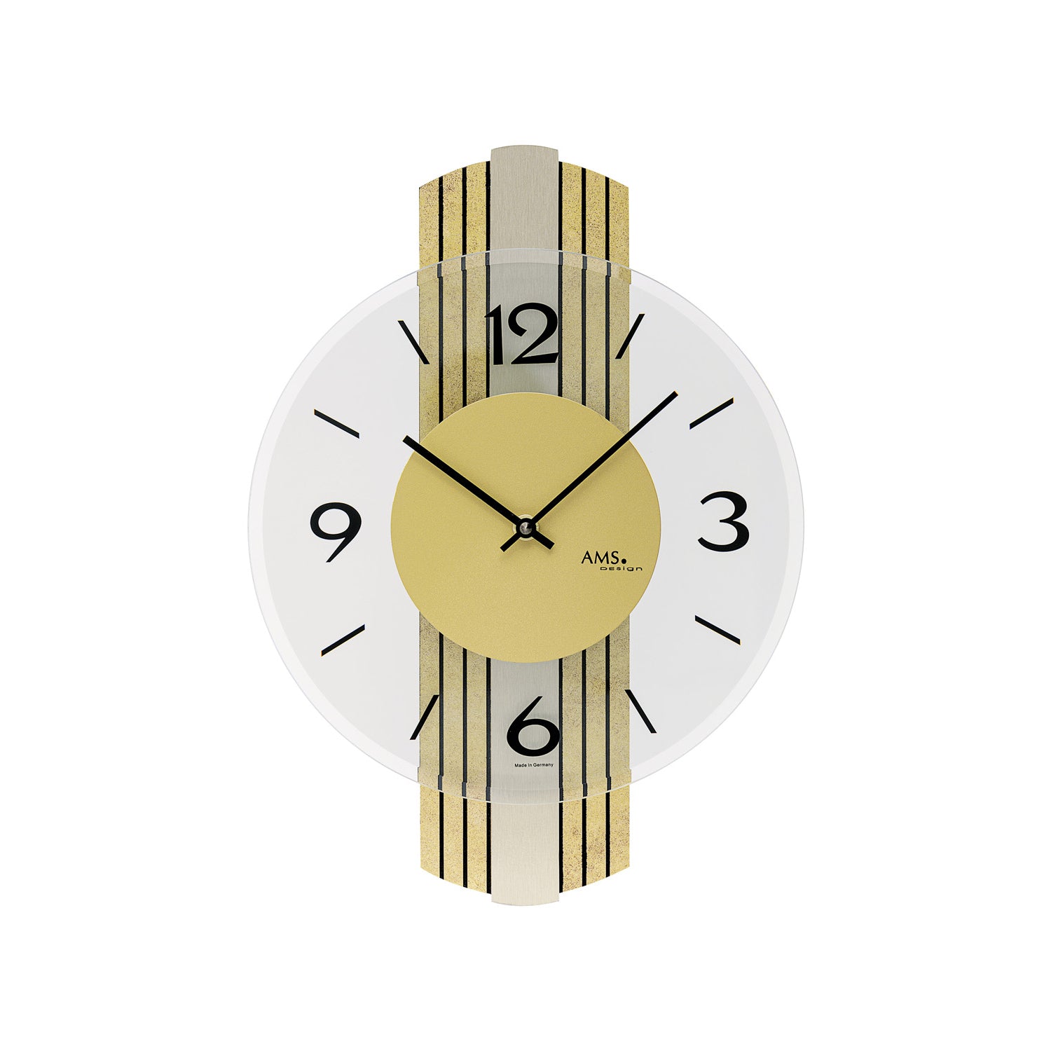 Wanduhr mit rundem Ziffernblatt, weißen Rahmen, schwarzer Ziffern und Messingantik-Holzgehäuse
