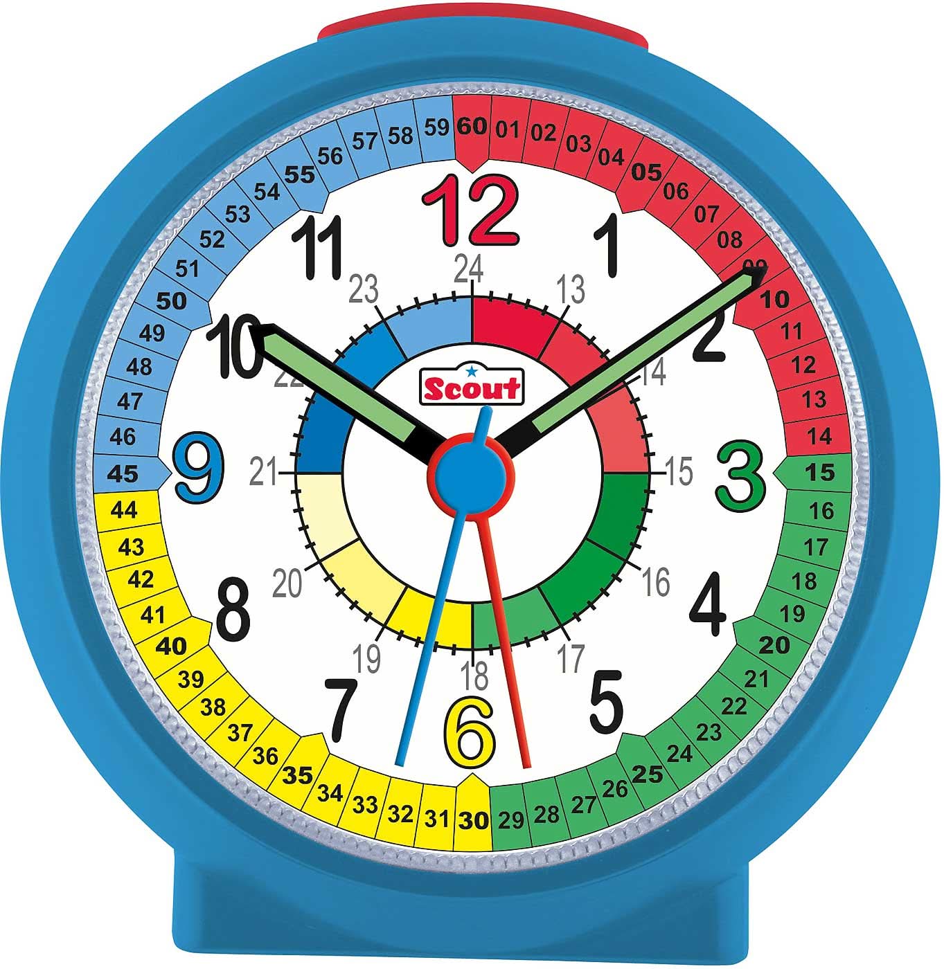 Orologio didattico per bambini con quadrante rotondo, bordo blu e lancette colorate