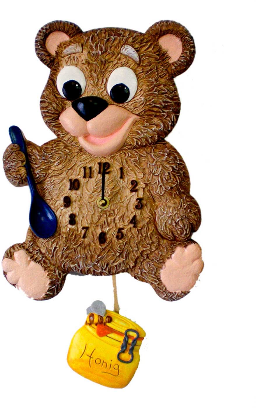 Orologio da parete in ceramica con orso dipinto a mano e quadrante rotondo
