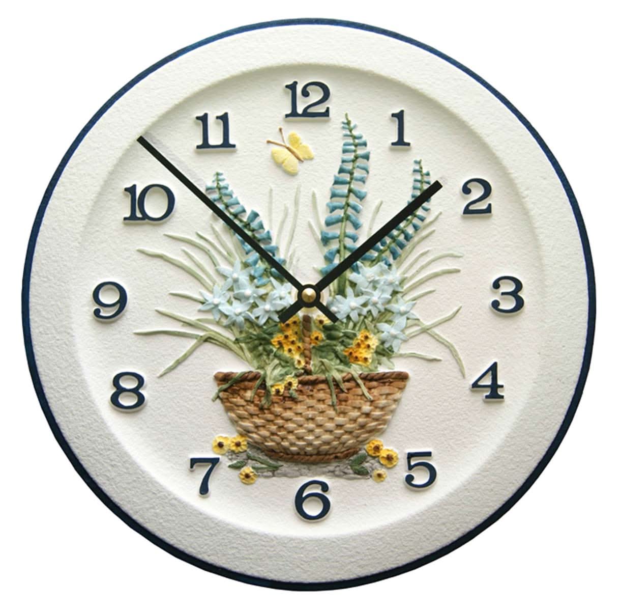 Orologio da parete in ceramica, motivo floreale e vegetale dipinto a mano con numeri blu, Ø 29 cm