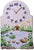 Orologio da parete in ceramica con quadrante rotondo e motivo da giardino: anatre, casa e fiori, bordo viola