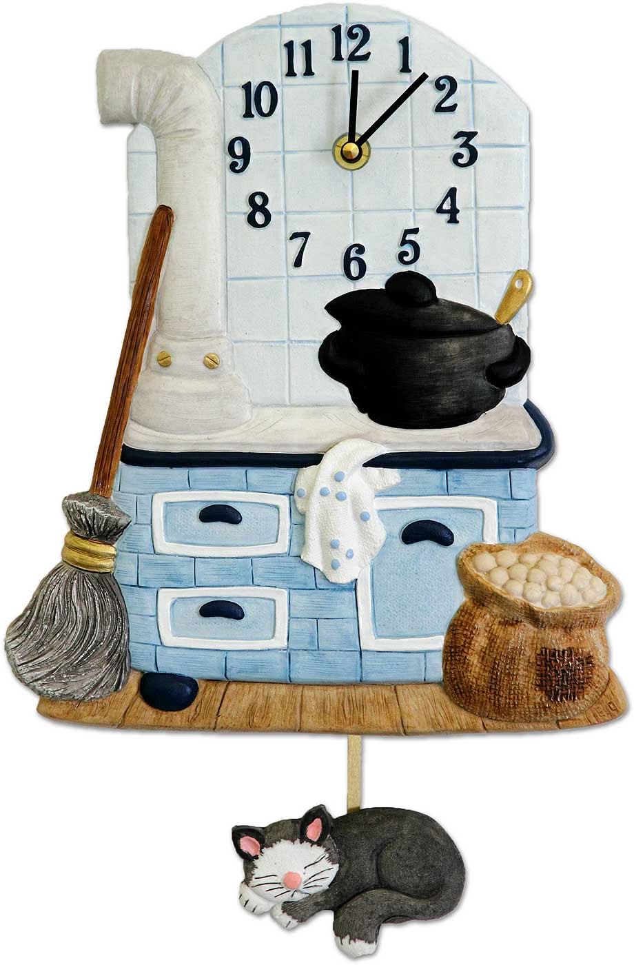 Orologio da parete rotondo in ceramica dipinto a mano con motivo di gatti e pendolo