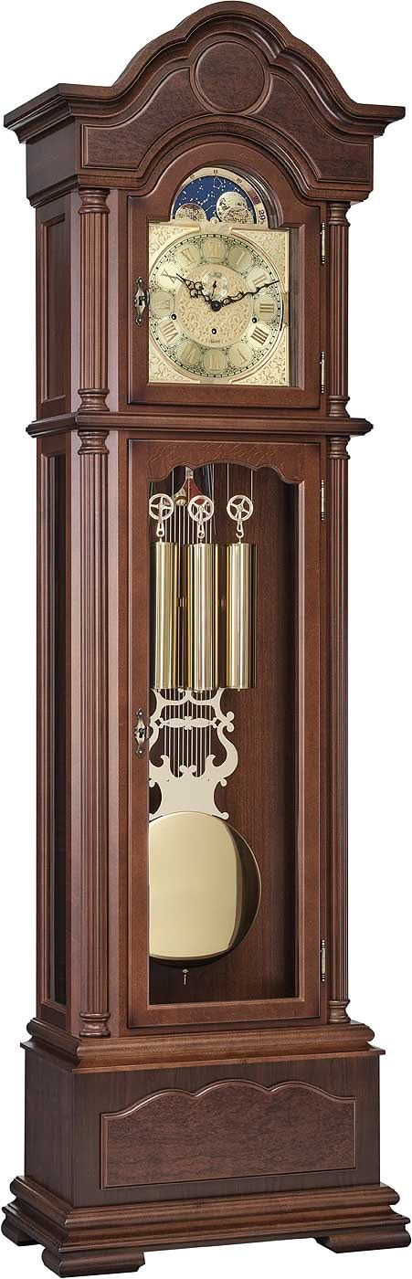 Orologio da terra in legno con vetro curvo, quadrante e indicatore delle fasi lunari