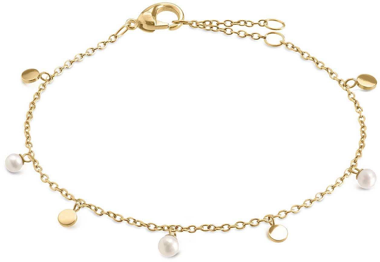 Goldfarbenes Gliederarmband mit Perlen und kleinen runden Schmuckanhängern