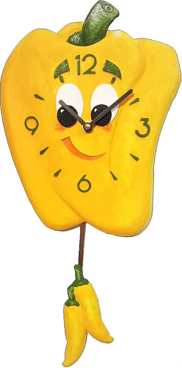 Orologio da parete in ceramica con fronte a peperone giallo, lancette e numeri verdi da 1 a 12