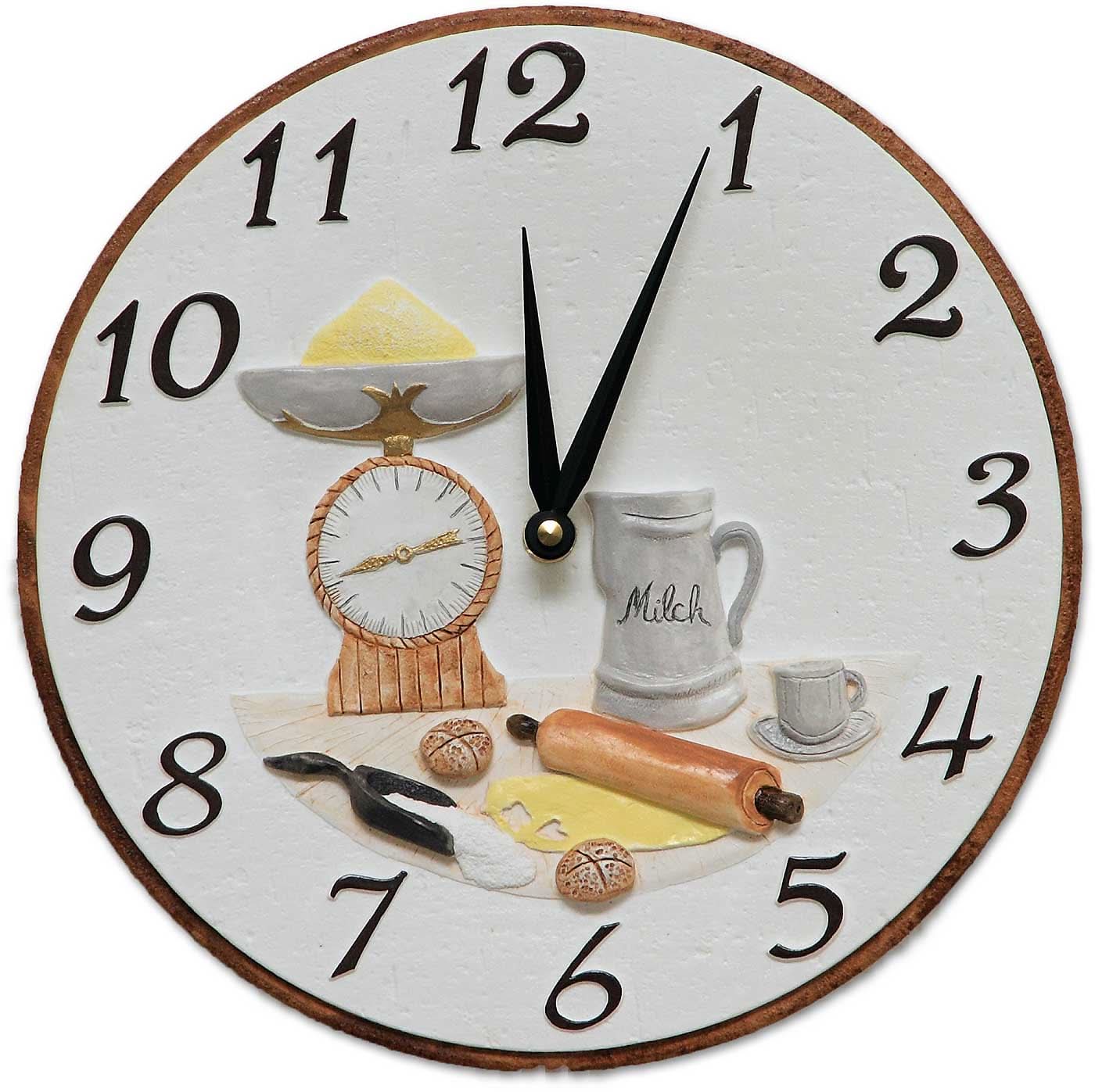 Orologio da parete in ceramica, rotondo 26 cm, quadrante bianco con numeri neri e motivi da cucina