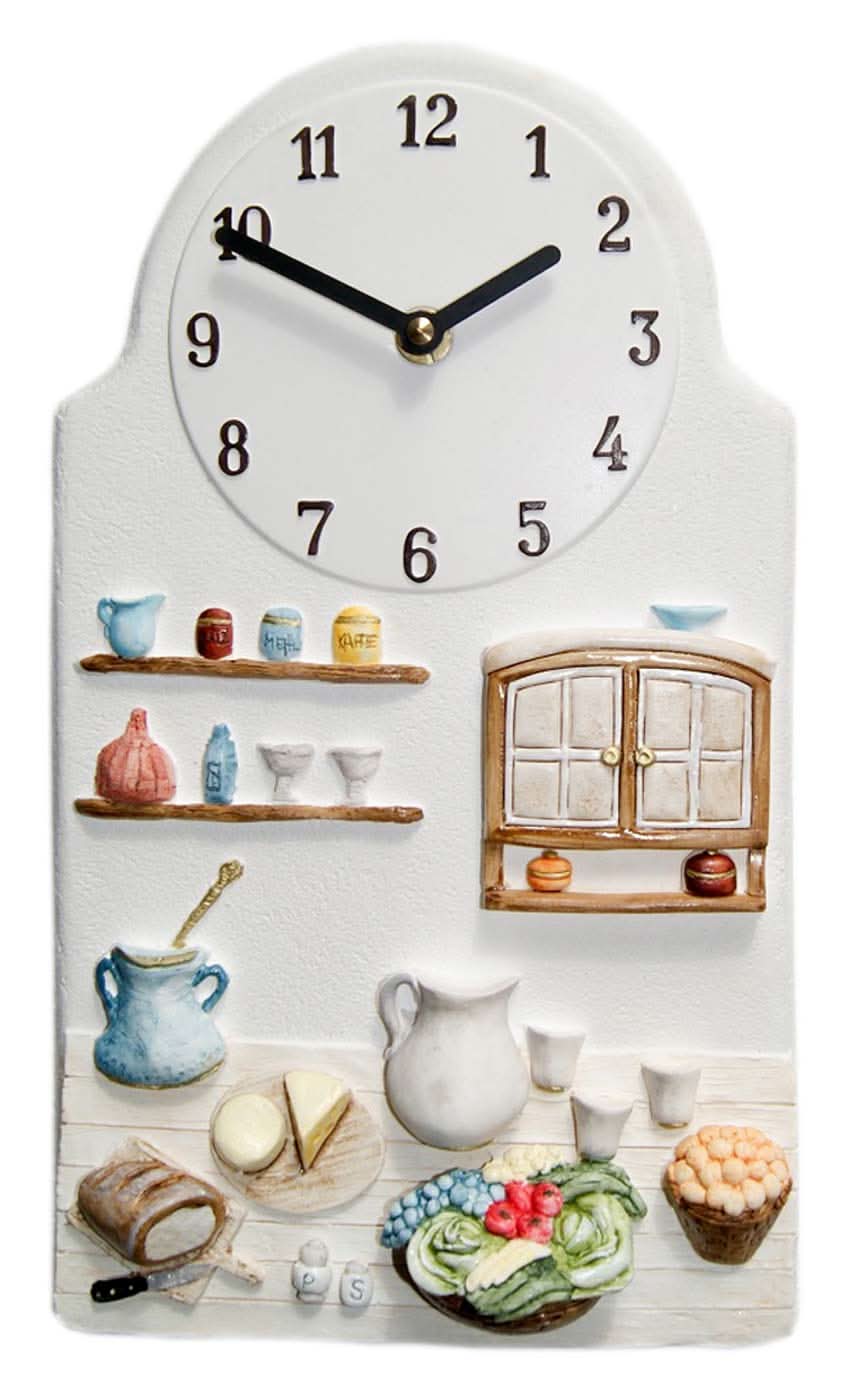 Orologio da parete in ceramica con motivo nostalgico da cucina, quadrante rotondo e lancette dorate