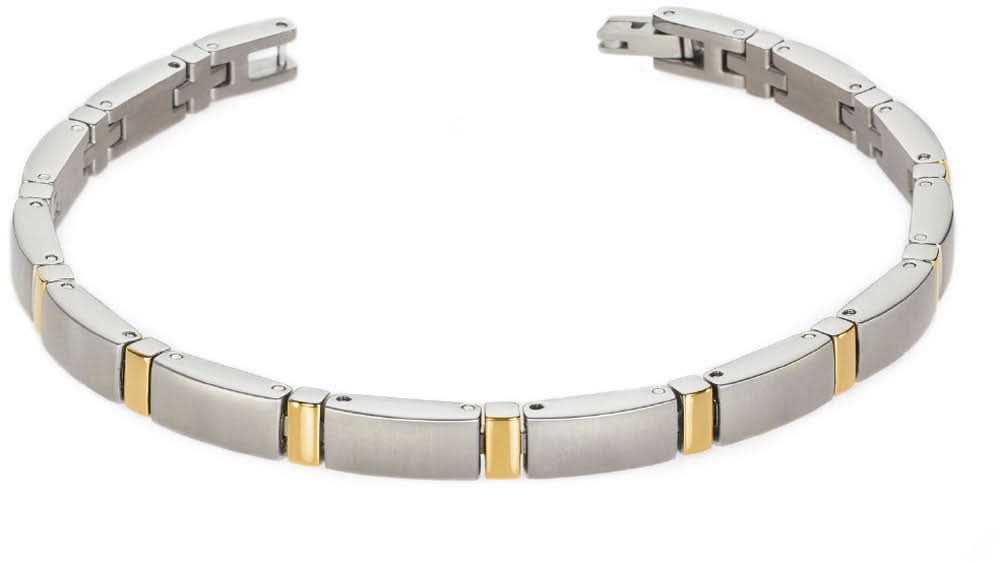 Bracciale con design a maglie color argento e accenti color oro, titanio puro.