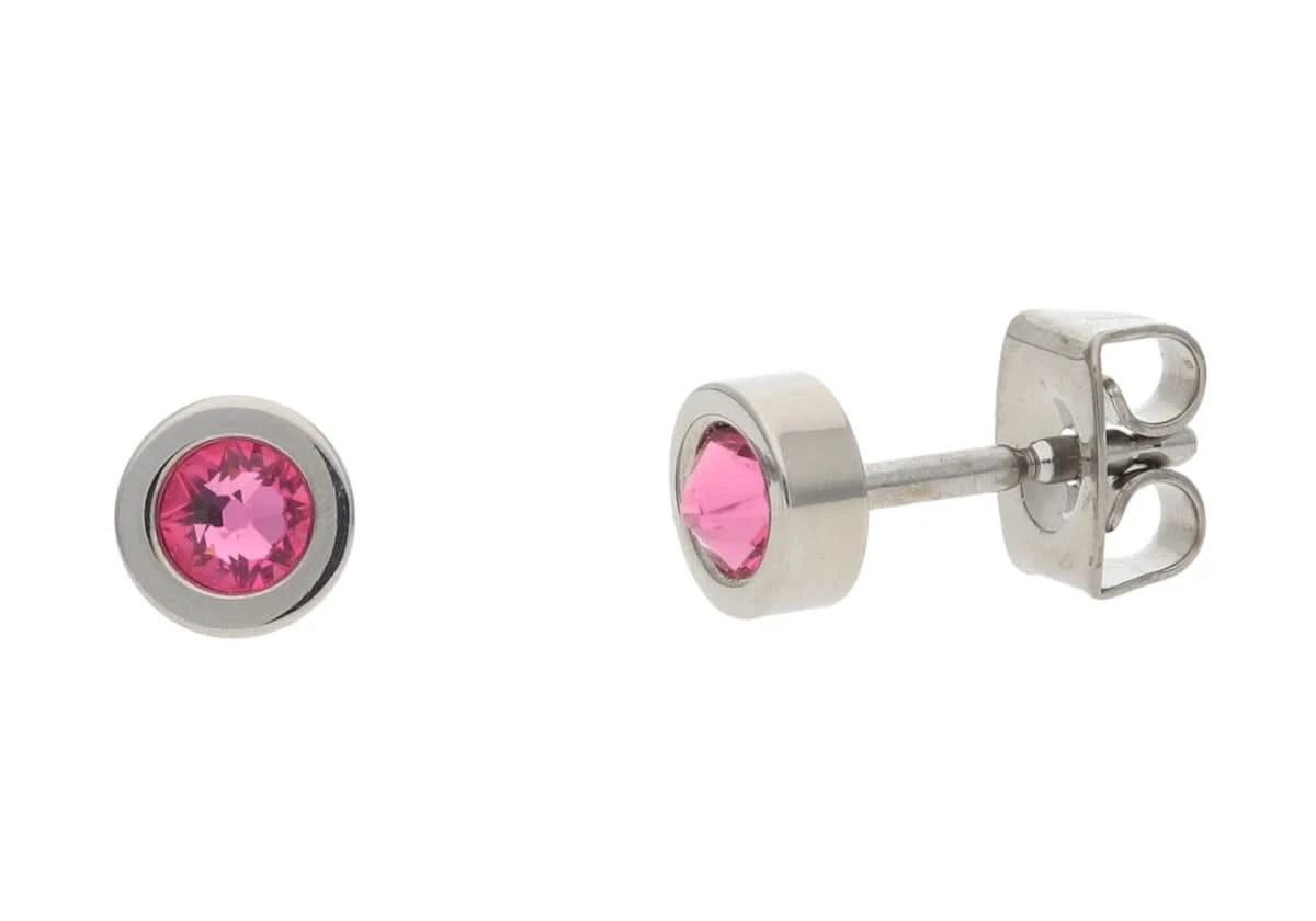 Orecchini in titanio con pietra rosa rotonda, bordo in argento e chiusura a perno