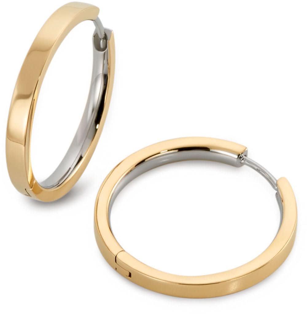 Orecchini a cerchio placcati oro in metallo, forma liscia con bordo interno.