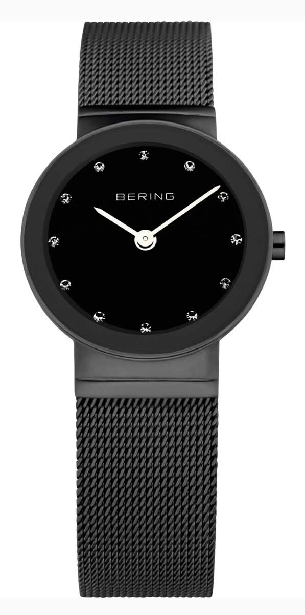 Bering Damenuhr mit schwarzem Milanaise-Armband und rundem Zifferblatt