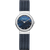 Bering Damenuhr mit rundem blauem Zifferblatt, silberfarbenem Gehäuse und blauem Milanaiseband