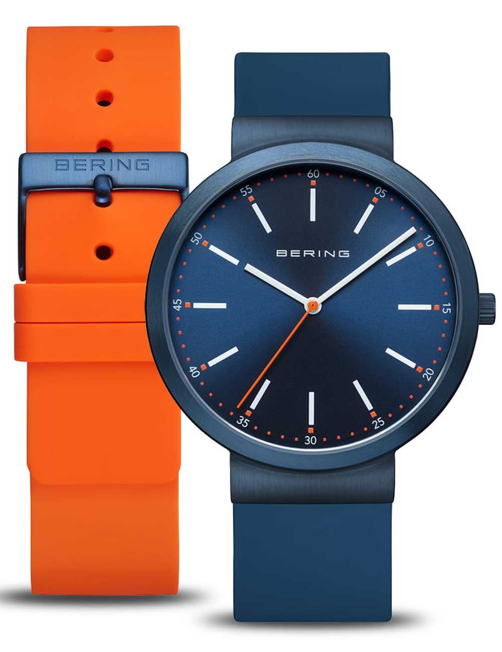 Bering Classic 10141-397 Herren Armbanduhr Blau • Saphirglas • Silikon-Set mit 2 Armbändern