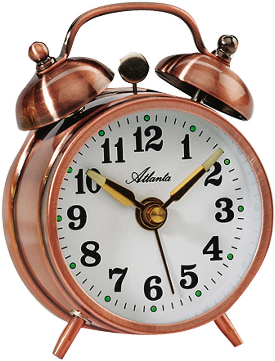 Sveglia meccanica Atlanta a doppia campana, altezza 14 cm, metallo rame • Carica manuale • Lancette luminose