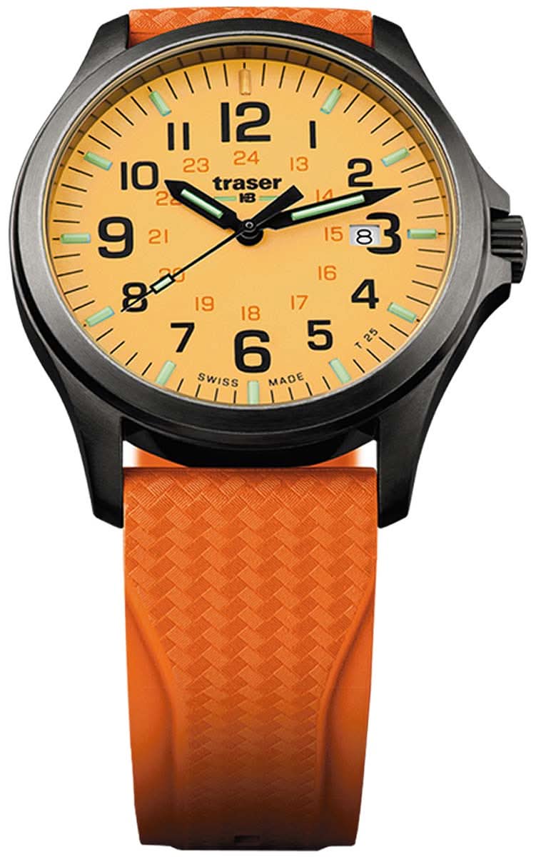 Orologio da uomo con cinturino in caucciù arancione, cassa nera e quadrante giallo