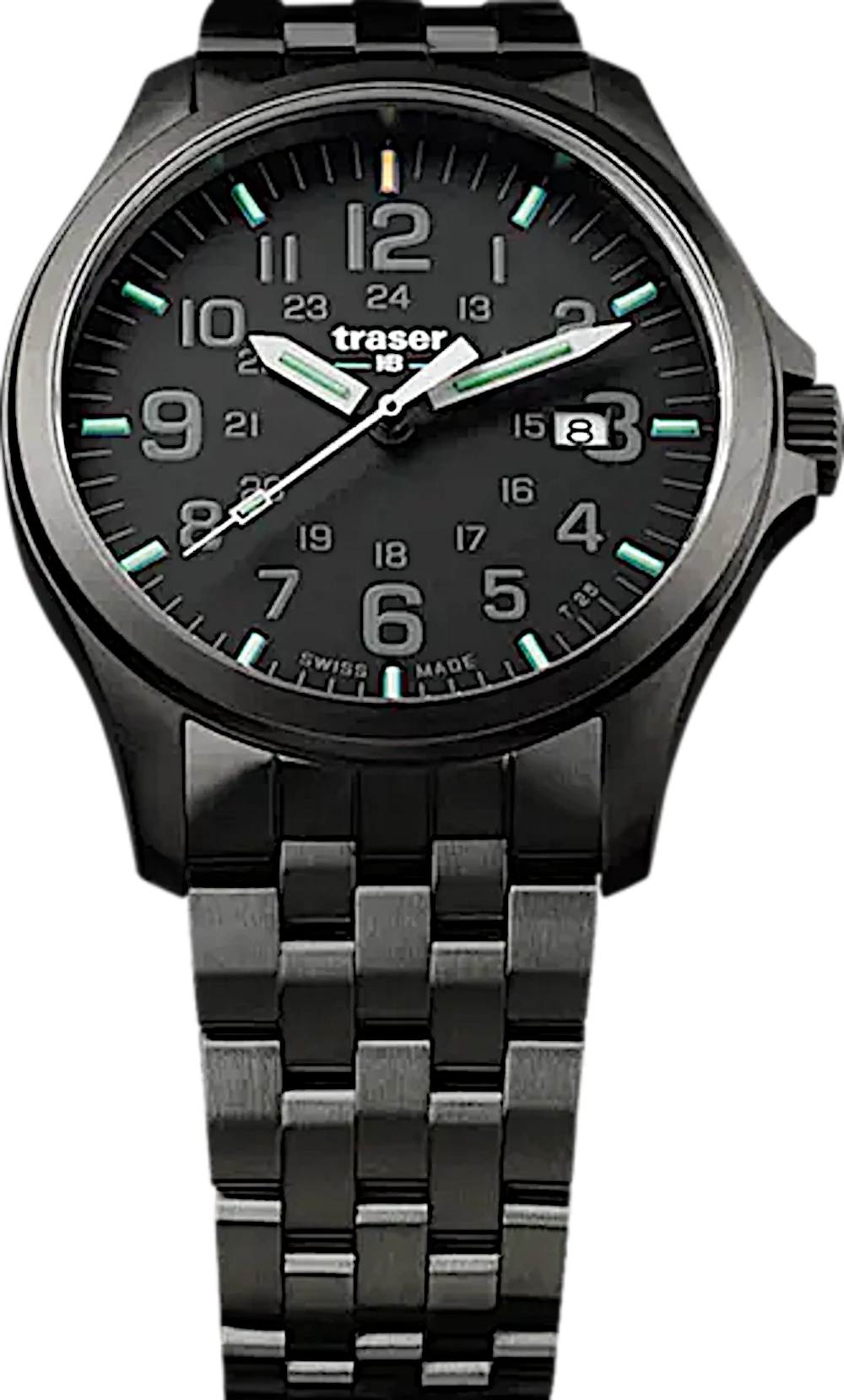 Orologio da uomo con quadrante nero, indici luminescenti verdi e cinturino in metallo.