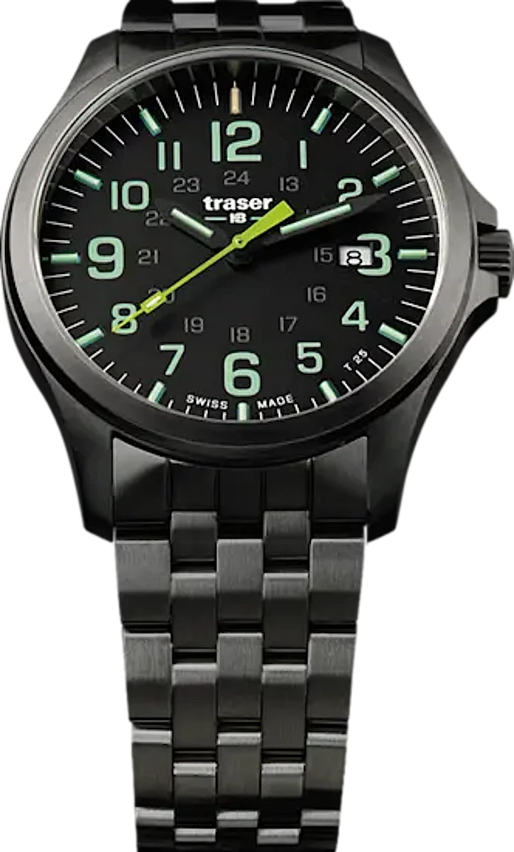 Orologio da uomo con quadrante nero e indici luminescenti verdi, cinturino in acciaio inossidabile