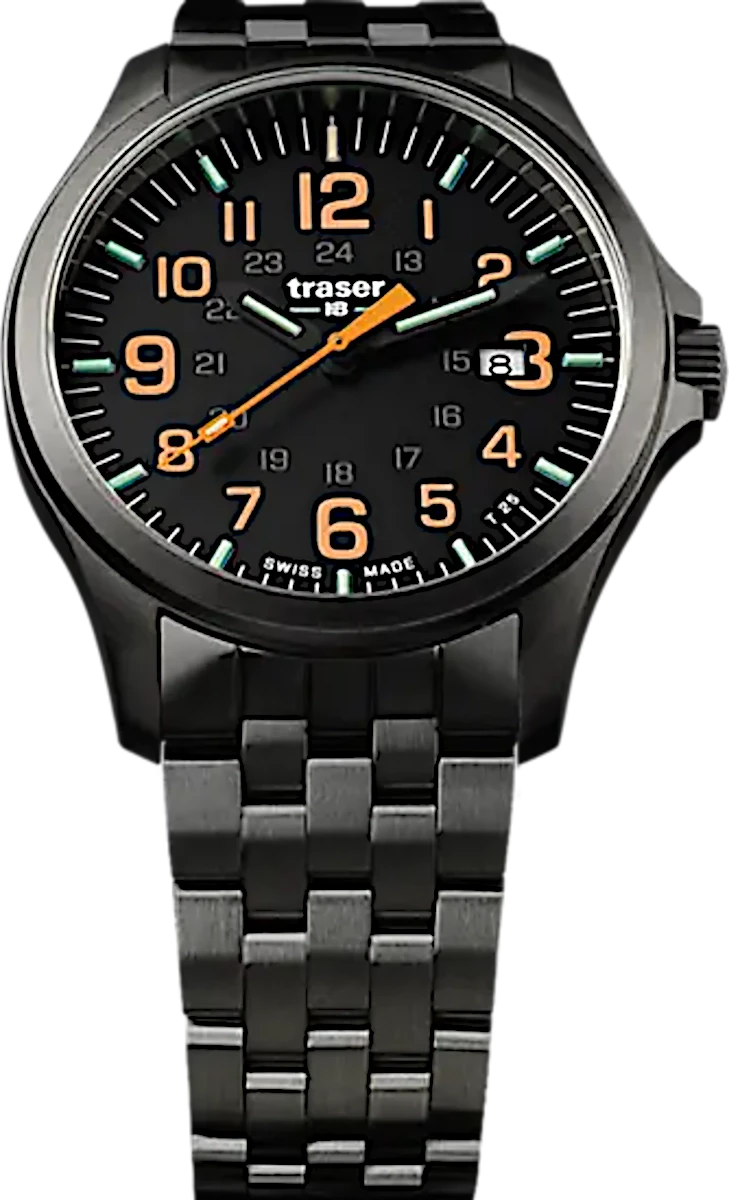 Orologio da polso rotondo con cinturino in metallo scuro e numeri luminescenti, effetto Trigalight