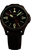 Orologio da uomo con quadrante nero e indici luminescenti verdi, cinturino in pelle