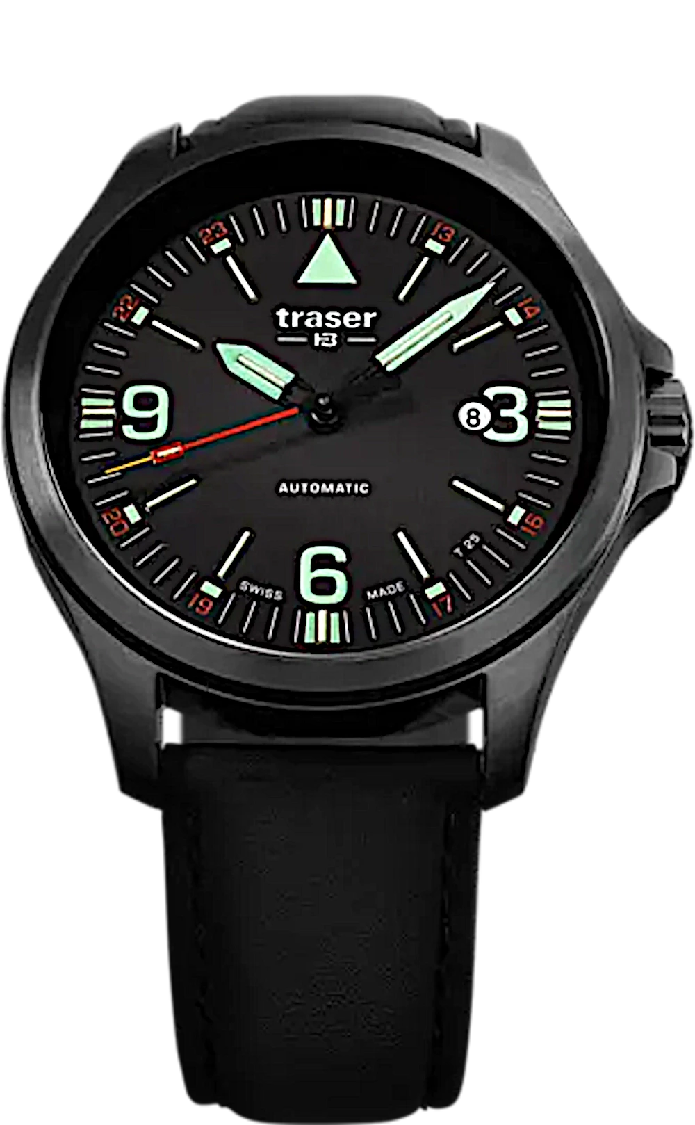 Orologio da uomo con quadrante nero, indici luminescenti e datario "83"