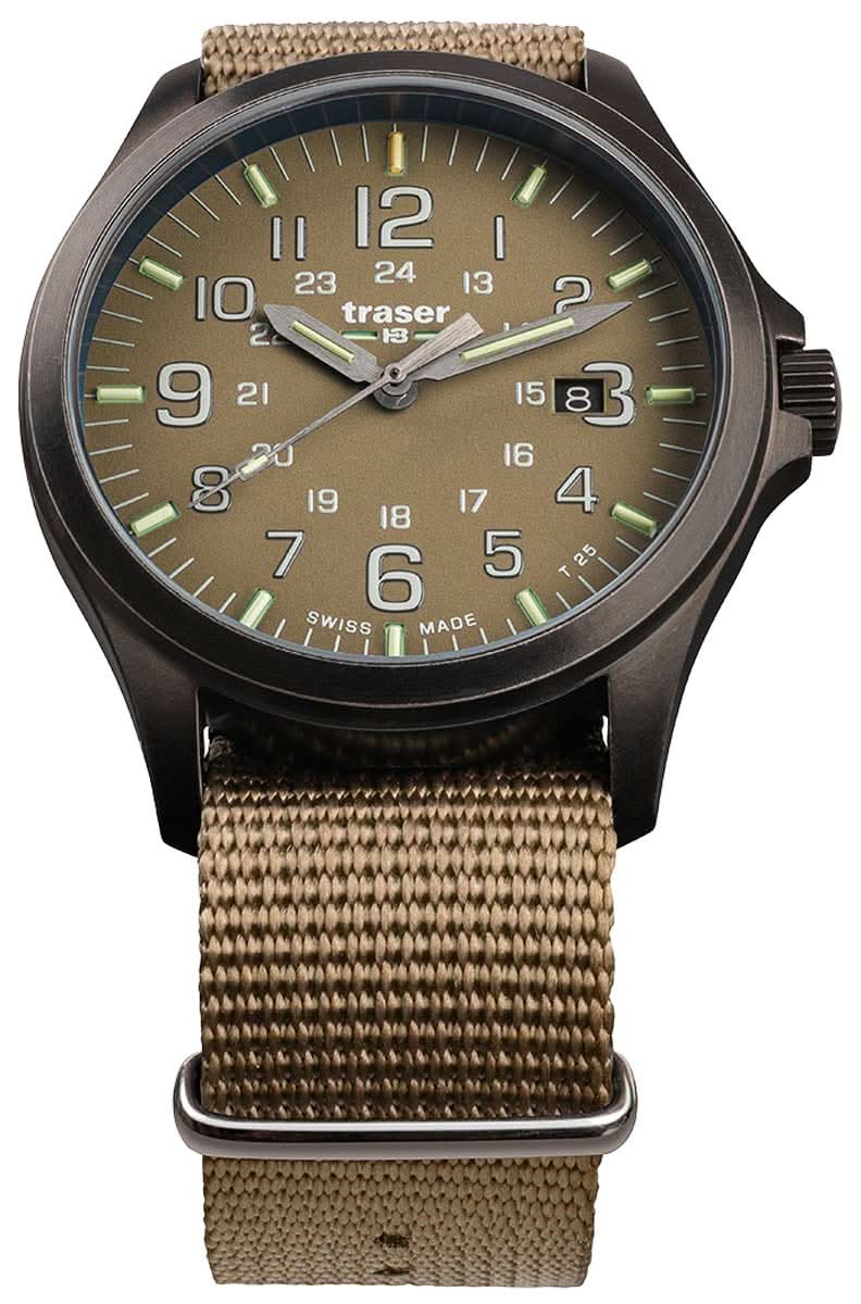 Orologio da polso con cinturino in tessuto marrone e quadrante marrone con indici luminescenti