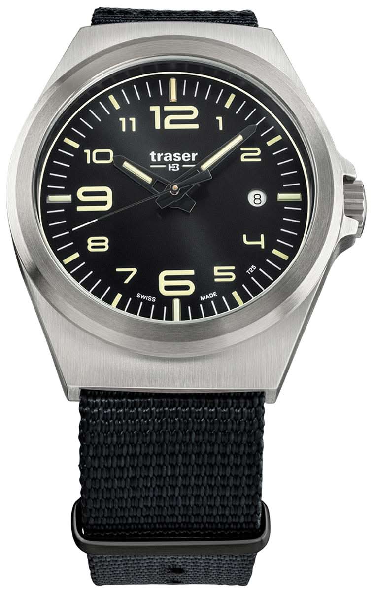 Orologio da uomo: cassa in argento, quadrante nero, cinturino in tessuto nero.