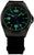 Orologio da uomo con quadrante nero e indici luminescenti verdi, cassa in argento, cinturino in tessuto.