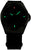 Orologio da uomo completamente nero, indici luminescenti verdi e accenti arancioni.