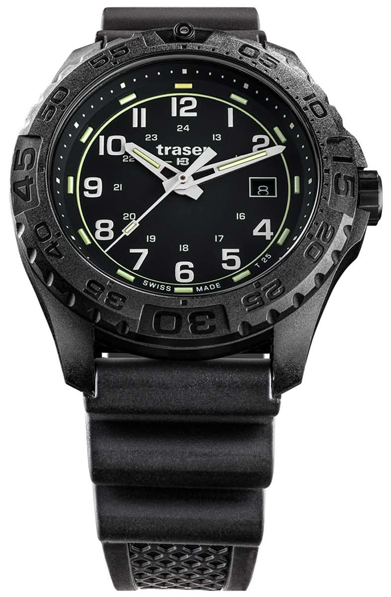 Orologio da uomo con cassa nera, numeri Trigalight e cinturino in caucciù