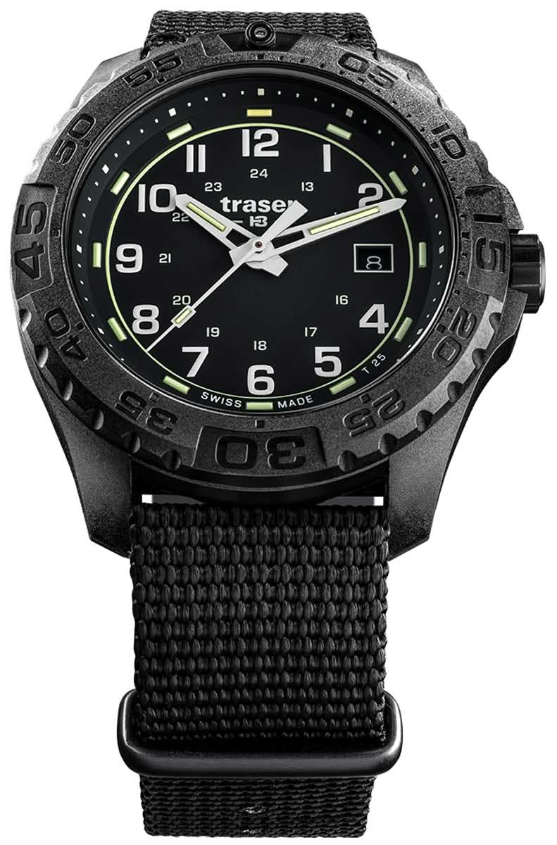 Orologio da uomo con quadrante nero, indici luminescenti e cinturino in tessuto nero