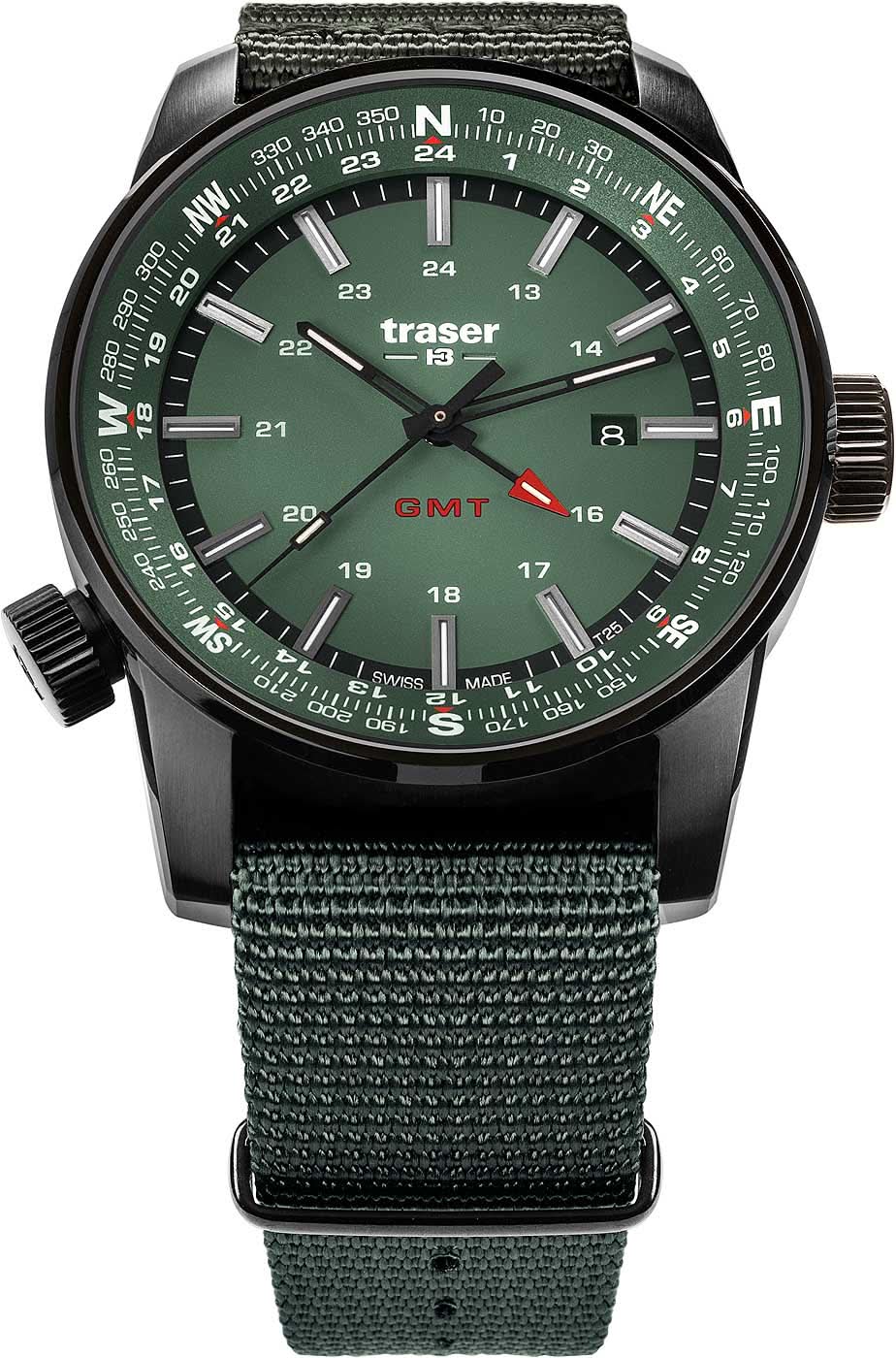 Orologio da uomo con quadrante scuro e indici luminescenti verdi, cinturino in tessuto nero