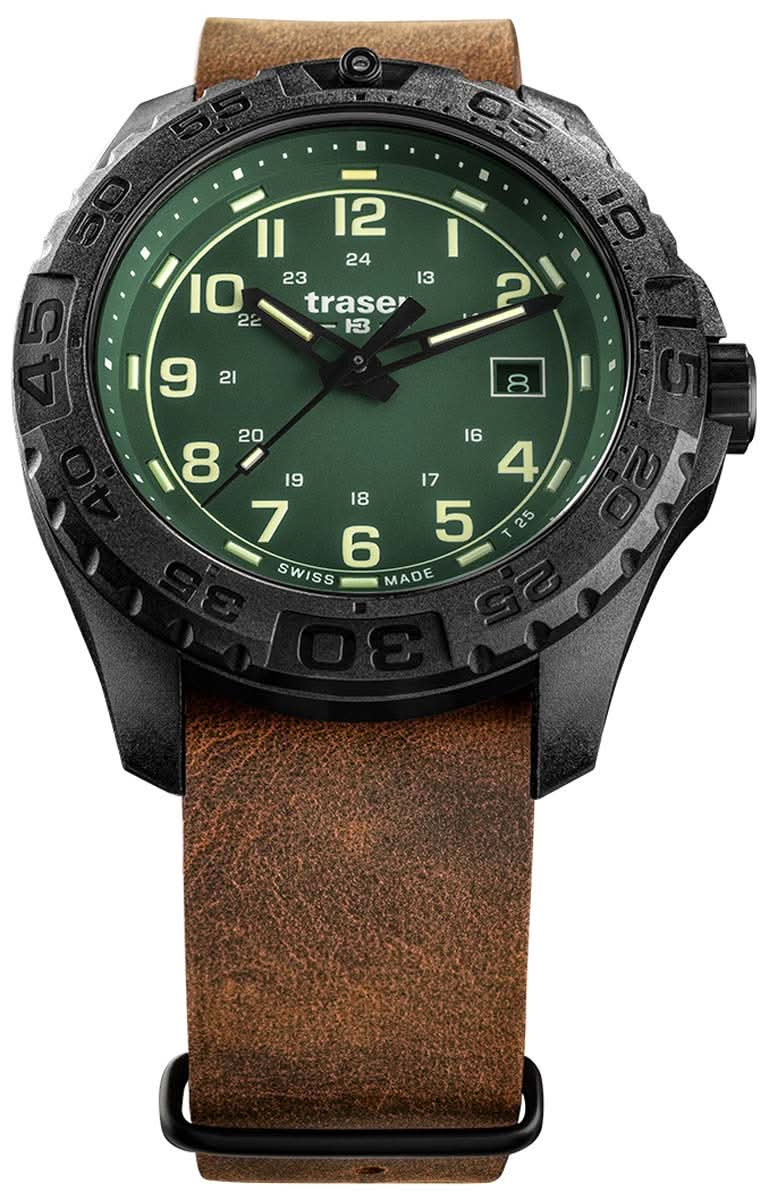 Orologio da uomo: quadrante luminescente verde, lunetta nera, cinturino in pelle marrone