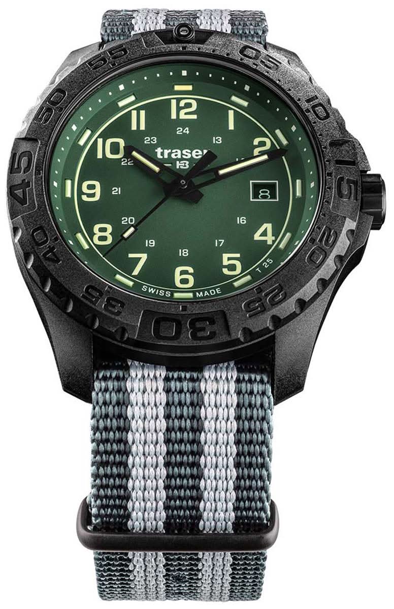 Orologio da uomo rotondo con quadrante verde luminoso, lunetta scura e cinturino in nylon grigio-nero