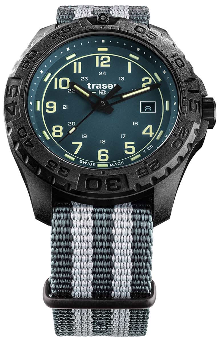 Orologio da uomo con cassa rotonda nera, cinturino in nylon grigio e numeri luminescenti