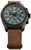 Orologio da uomo con cinturino in pelle marrone, quadrante grigio, sottoquadranti cronografo e lunetta nera